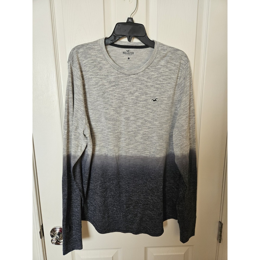 NWOT Hollister Men's Gray to Black Hombre Long Sleeve Crew Neck T-Shirt, Sz LG